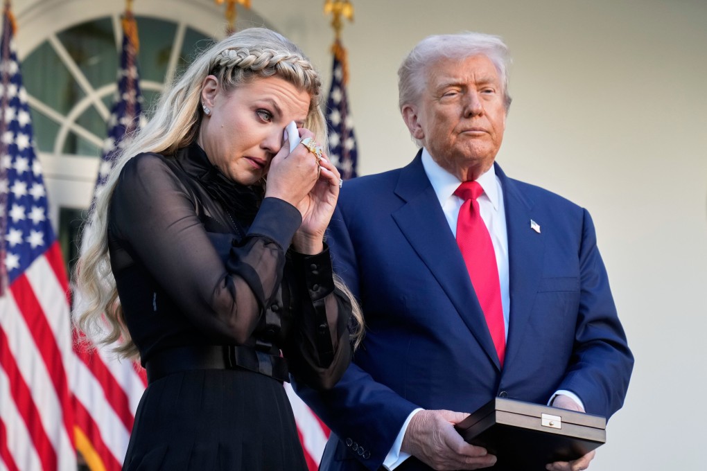 Erika Kirk wipes her eyes as US President Donald Trump prepares to posthumously awards the Presidential Medal of Freedom to her late husband Charlie Kirk in the Rose Garden of the White House on Tuesday. Photo: AP
