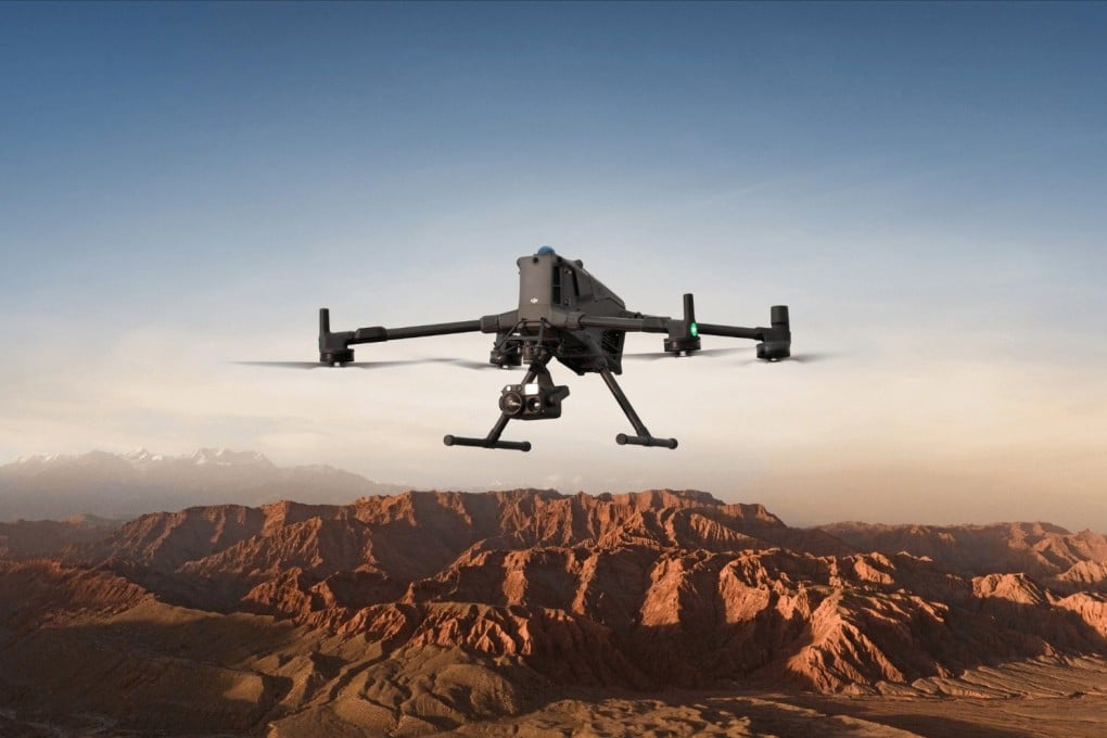 A DJI Matrice 400 enterprise drone hovers over a mountain range. The Chinese drone manufacturer is appealing its inclusion on the Pentagon’s “Chinese military companies” list. Photo: handout