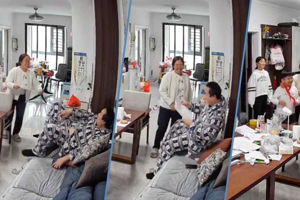 A video clip of Chinese parents celebrating their son passing his exam by just one point has gone viral. Photo: Screen Capture/ Douyin