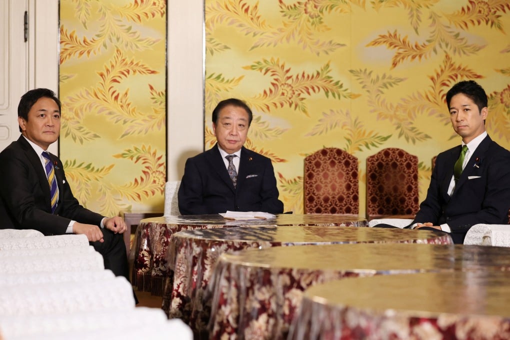 Japanese opposition leaders (from left) Yuichiro Tamaki of the Democratic Party for the People; Yoshihiko Noda of the Constitutional Democratic Party; and Hirofumi Yoshimura of the Japan Innovation Party meet on Wednesday to discuss banding together. Photo: Reuters