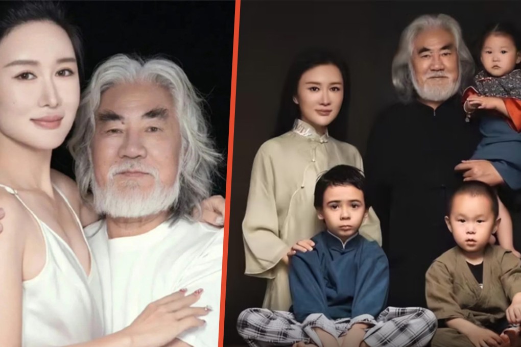 The family life of famous Chinese film producer, Zhang Jizhong, 74, has sparked a heated online debate due to the 30-year age gap between him and his wife. Photo: SCMP composite/Douyin
