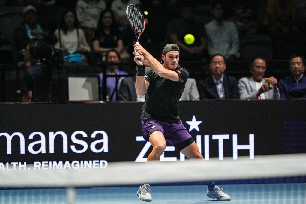 Francisco Cerundolo returns the ball to Jenson Brooksby during their UTS Hong Kong final at Kai Tak Arena. Photo: Eugene Lee