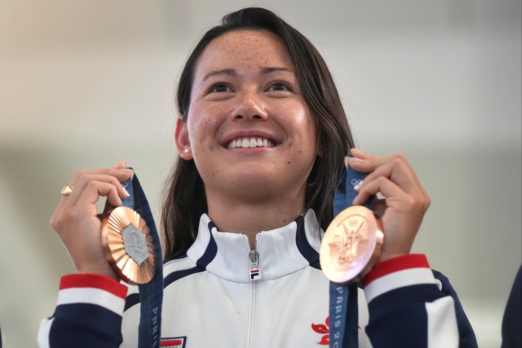 Hong Kong swimmer Siobhan Haughey shows off the two bronze medals she won at the Paris Olympics in 2024. Photo: Elson Li