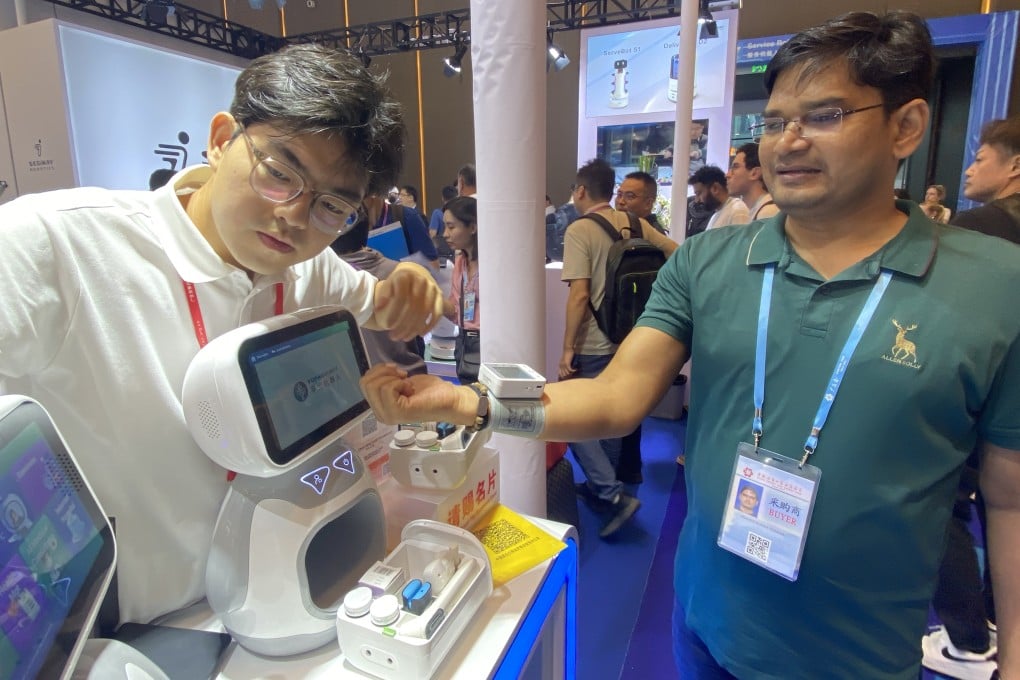 One of Fubao Robot’s medical guidance robots on display at the Canton Fair on Thursday. Photo: He Huifeng