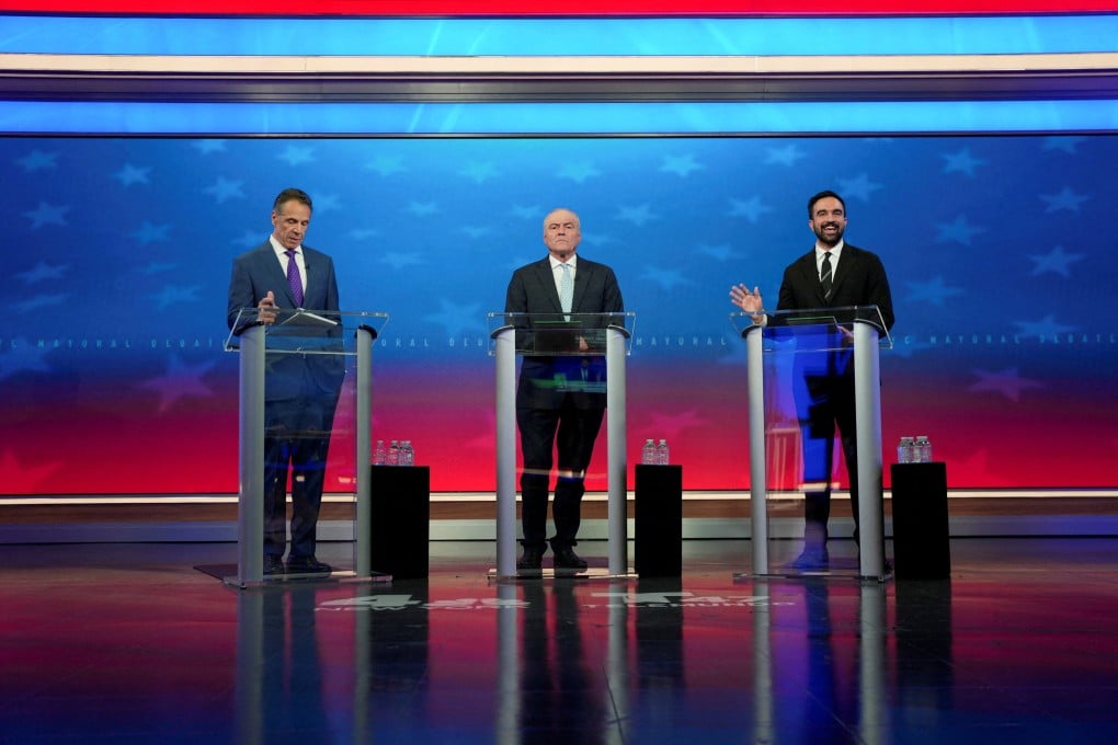 Democratic candidate Zohran Mamdani speaks during a mayoral debate with Republican candidate Curtis Sliwa and independent candidate, former New York governor Andrew Cuomo. Photo: Reuters