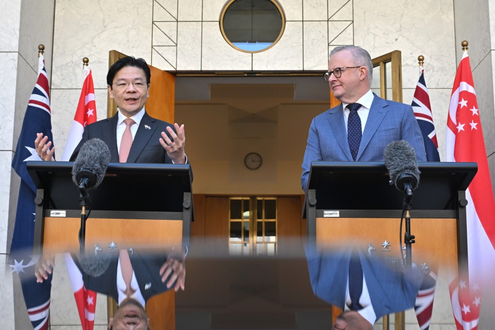 Singaporean Prime Minister Lawrence Wong (left) and Australian Prime Minister Anthony Albanese talk at the 10th Singapore-Australia Annual Leaders’ Meeting, in Canberra, Australia, in October 2025. Singapore plays an important peacekeeping role on the world stage today. Photo: AAP Image via AP