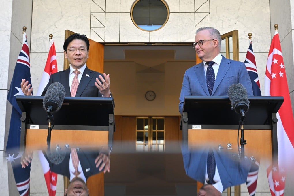 Singaporean Prime Minister Lawrence Wong (left) and Australian Prime Minister Anthony Albanese talk at the 10th Singapore-Australia Annual Leaders’ Meeting, in Canberra, Australia, in October 2025. Singapore plays an important peacekeeping role on the world stage today. Photo: AAP Image via AP