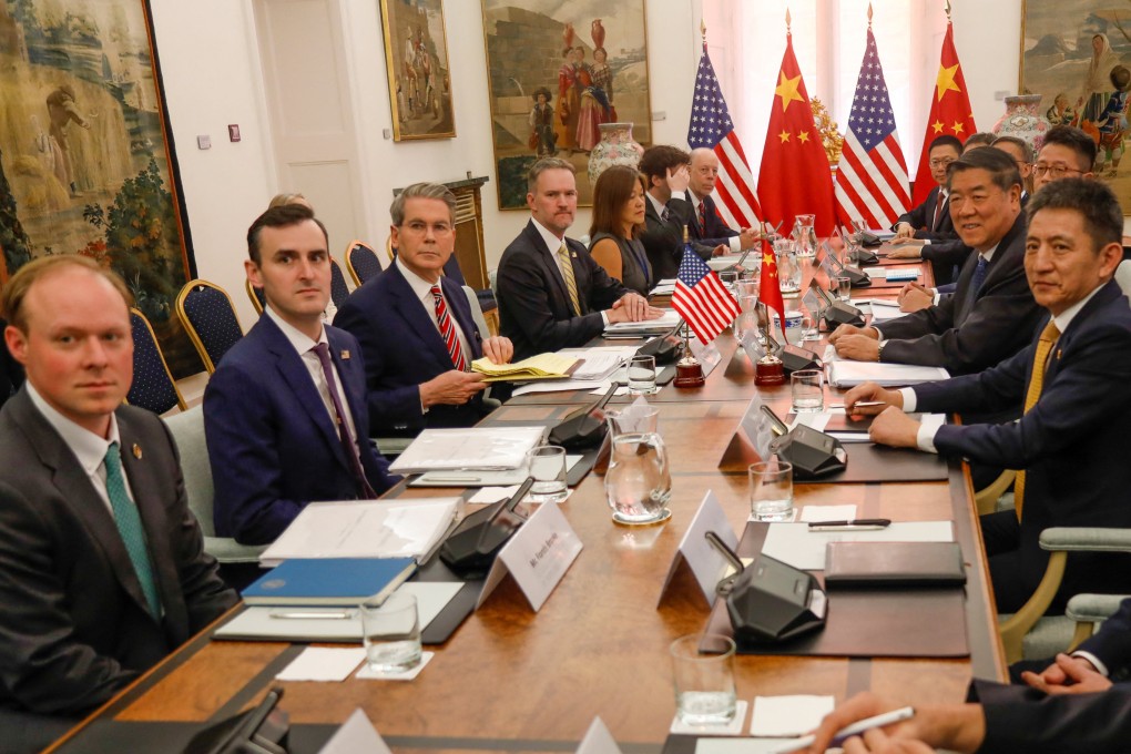Officials led by US Treasury Secretary Scott Bessent (second from left), US Trade Representative Jamieson Greer (third from left), Chinese Vice Premier He Lifeng (second from right) and Chinese trade negotiator Li Chenggang (right) meet to discuss trade in Madrid on September 14. Photo: United States Treasury/Reuters