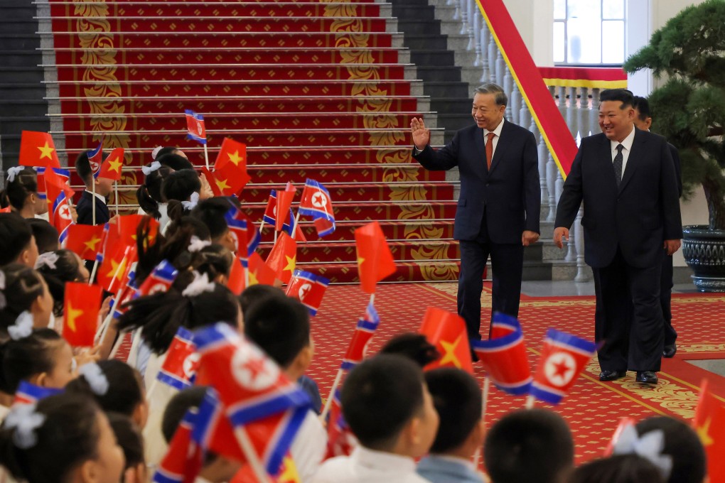 North Korean leader Kim Jong-un, right, welcomes Vietnam’s Communist Party chief To Lam in Pyongyang on October 10. Photo: KCNA via YNA/dpa