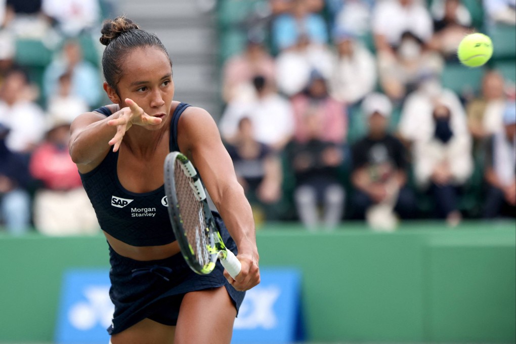 Canada’s Leylah Fernandez hits a return in her win over Romania’s Sorana Cirstea in the semi-finals of the Japan Open in Osaka on Saturday. Photo: AFP