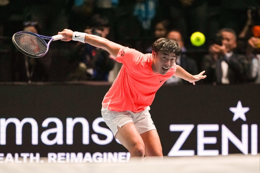 Coleman Wong returns a shot to Richard Gasquet during their Ultimate Tennis Showdown match at Kai Tak Arena in mid October. Photo: Eugene Lee