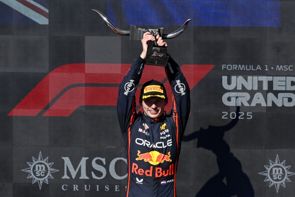 Red Bull driver Max Verstappen of Team Netherlands raises his trophy after winning the 2025 US Grand Prix at Circuit of The Americas in  Austin, Texas on Sunday. Photo: Jerome Miron-Imagn Images