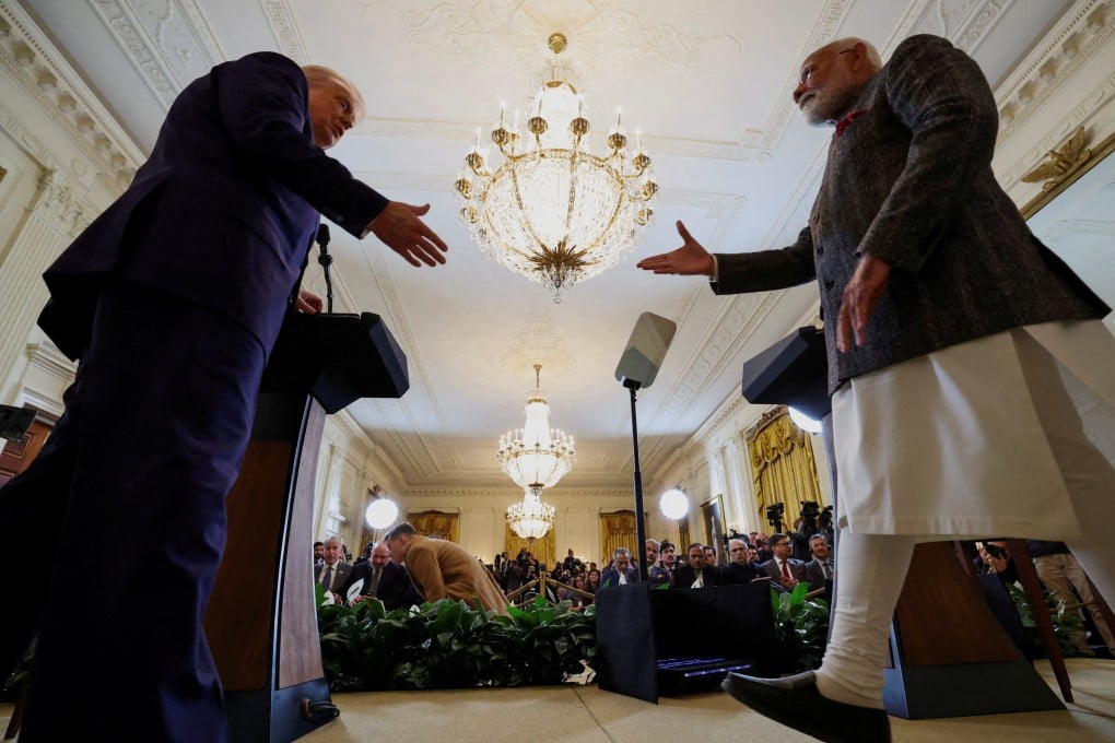 US President Donald Trump and Indian Prime Minister Narendra Modi go to shake hands as they attend a joint press conference at the White House in February. Photo: Reuters