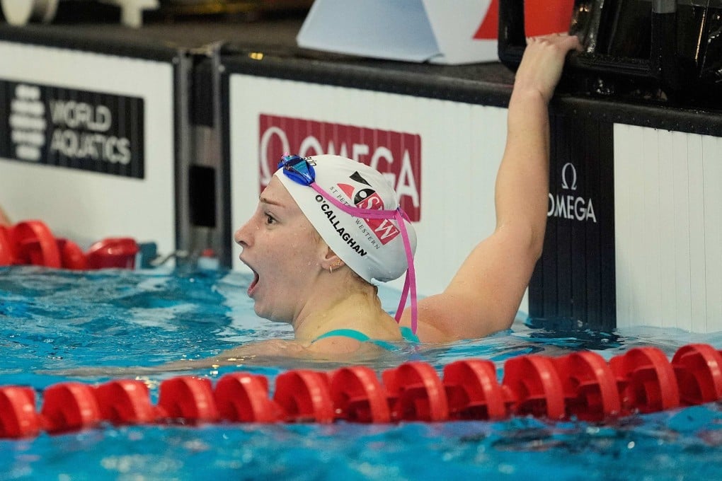 A shocked Mollie O’Callaghan reacts after setting a world record and winning the women’s 200m freestyle final at the World Cup event in Westmont. Photo: Getty Images