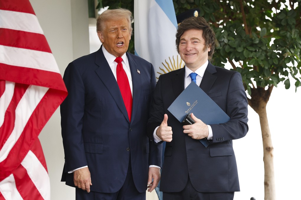 US President Donald Trump greets President of Argentina Javier Milei as he arrives in Washington earlier this month. Photo: TNS
