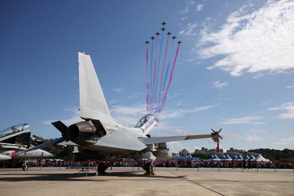 The South Korean Air Force’s Black Eagles aerobatic team perform at the Seoul International Aerospace & Defence Exhibition in Seongnam, South Korea, on Friday. Photo: Reuters