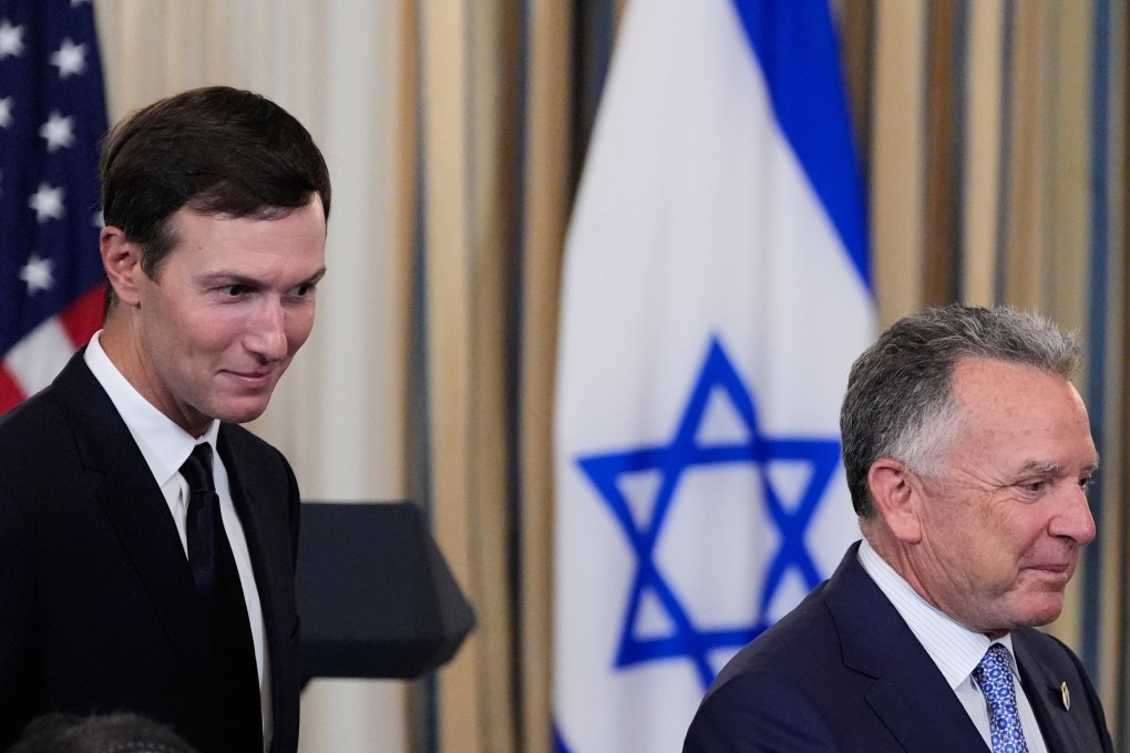 US Special Envoy to the Middle East Steve Witkoff (right) and Jared Kushner arrive before US President Donald Trump holds a news conference at the White House last month. Photo: AP