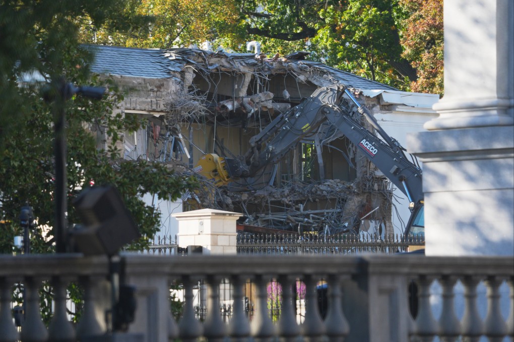 Work crews began tearing down part of the East Wing on Monday. Photo: AP