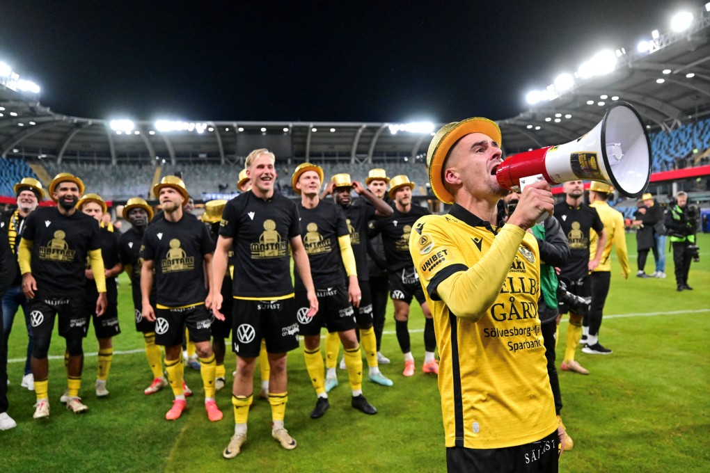 Mjallby captain Jesper Gustavsson (right) and teammates celebrate after winning at Gothenburg to clinch the league title on Monday. Photo: Reuters