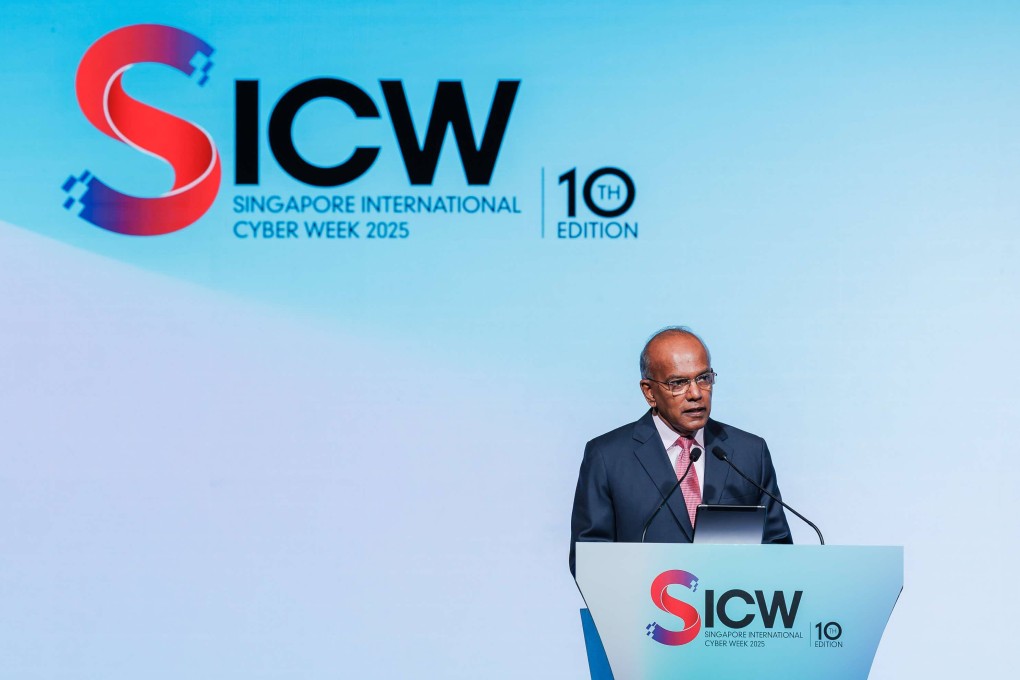Singapore’s Coordinating Minister for National Security and Minister for Home Affairs K Shanmugam during the opening address of the Singapore International Cyber Week on Tuesday. Photo: Singapore International Cyber Week