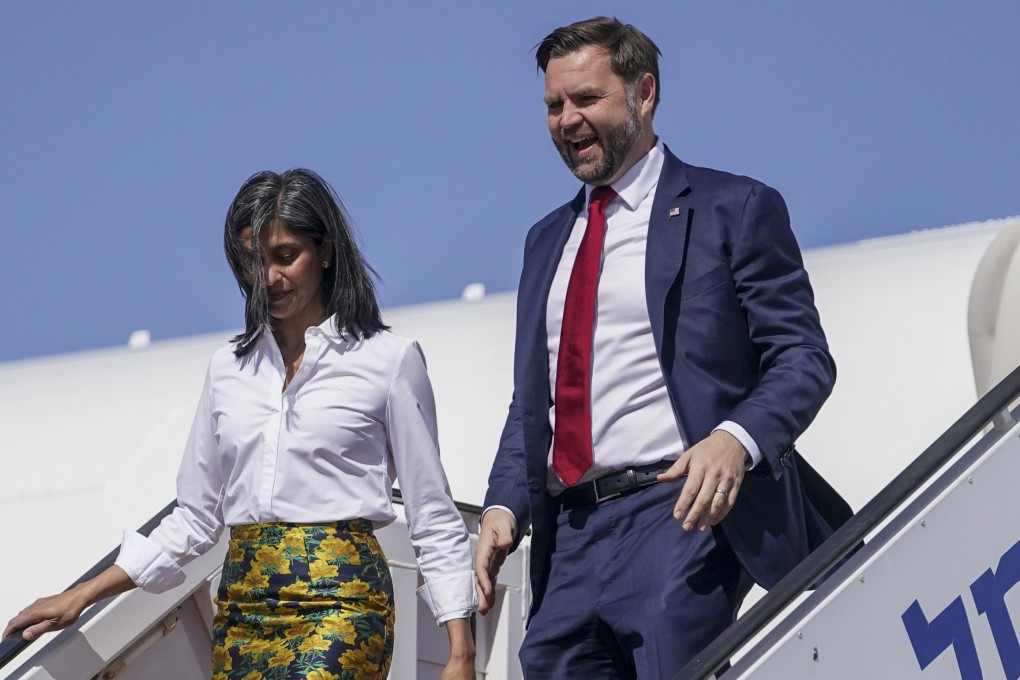 US Vice President J.D. Vance (right) and Second Lady Usha Vance arrive in Tel Aviv, Israel on Tuesday. Photo: AP