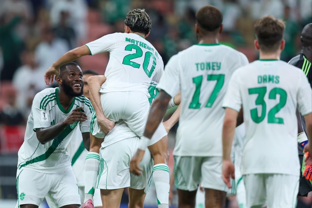 Franck Kessie (left) celebrates after scoring Al-Ahli’s second goal in the AFC Champions League Elite victory over Al-Gharafa. Photo: Getty Images