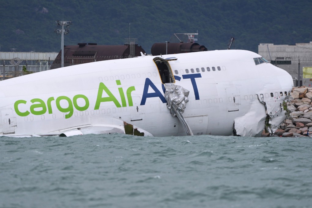 The wreckage of Emirates SkyCargo flight 9788 is seen at the shore of Hong Kong airport’s north runway. Photo: Elson Li