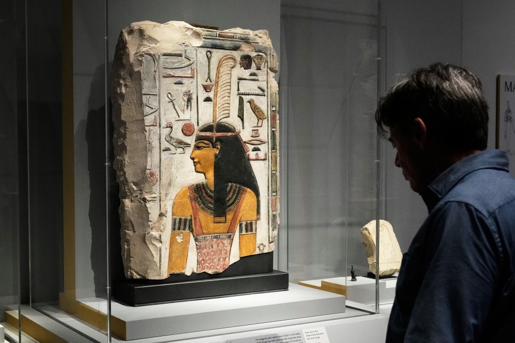 A relief of the Egyptian goddess Maat is displayed in the “Divine Egypt” exhibition at the Metropolitan Museum of Art, in New York, on October 14, 2025. Photo: AP