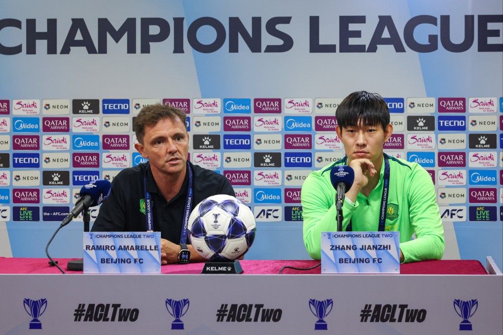 Beijing Guoan’s caretake manager Ramiro Amarelle (left) and Zhang Jianzhi at a press conference ahead of Thursday’s game against Tai Po. Photo: Dickson Lee