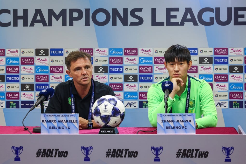 Beijing Guoan’s caretake manager Ramiro Amarelle (left) and Zhang Jianzhi at a press conference ahead of Thursday’s game against Tai Po. Photo: Dickson Lee