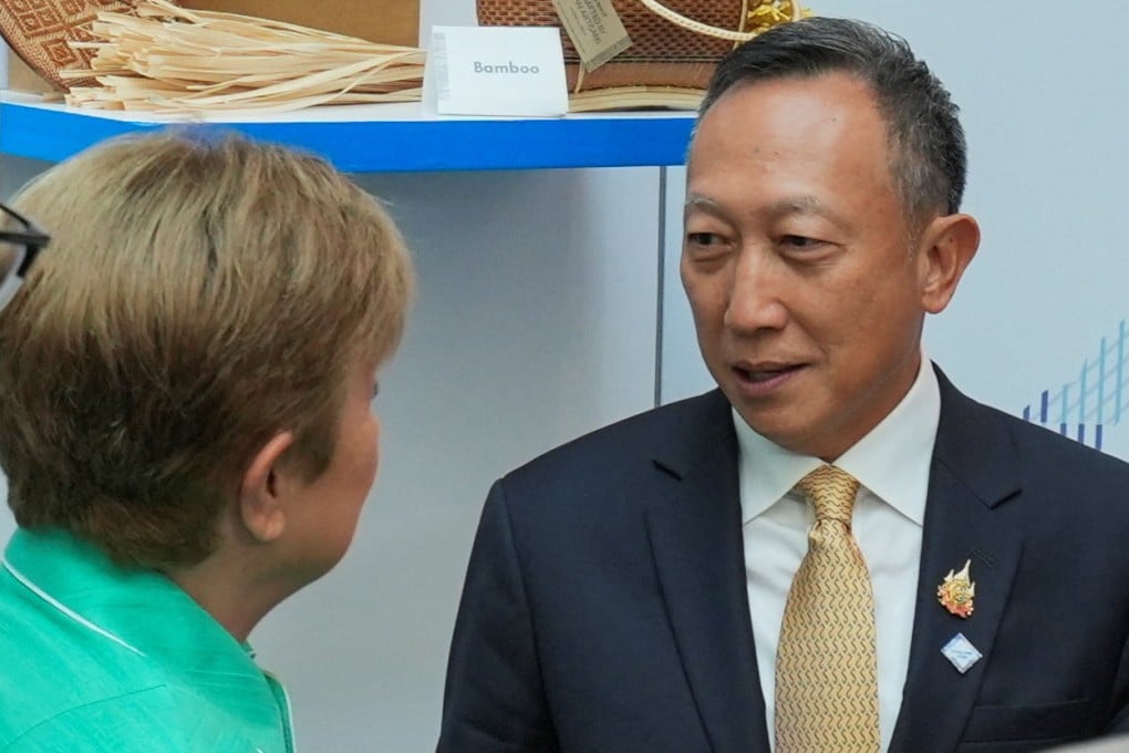 IMF Managing Director Kristalina Georgieva (left) speaks with Thailand’s Deputy Finance Minister Vorapak Tanyawong in Washington earlier this month. Photo: Reuters