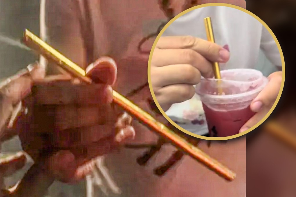 A devoted fan of Chinese milk tea created a gold straw worth more than US$14,000 for enjoying his favorite drink but dropped it while biking. Photo: Douyin