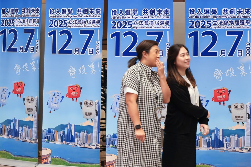 Posters for the 2025 Legislative Council general election displayed at the launch ceremony, held at government headquarters in Admiralty. Photo: Nora Tam