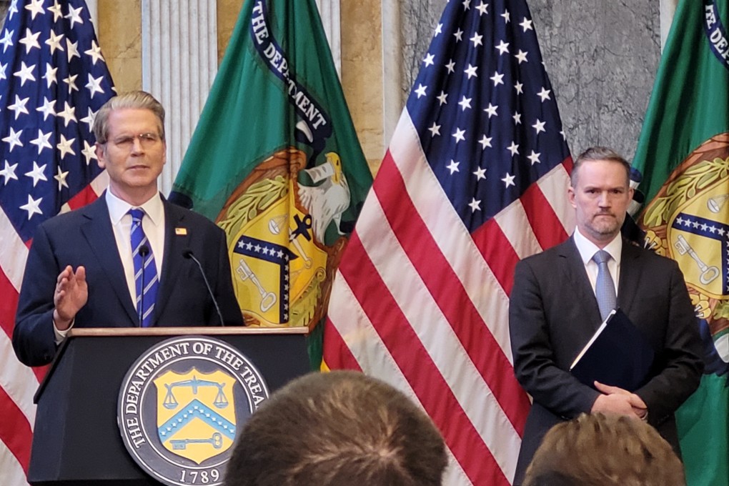US Treasury Secretary Scott Bessent (left) alongside US Trade Representative Jamieson Greer at a press conference last week in Washington. Photo: EPA