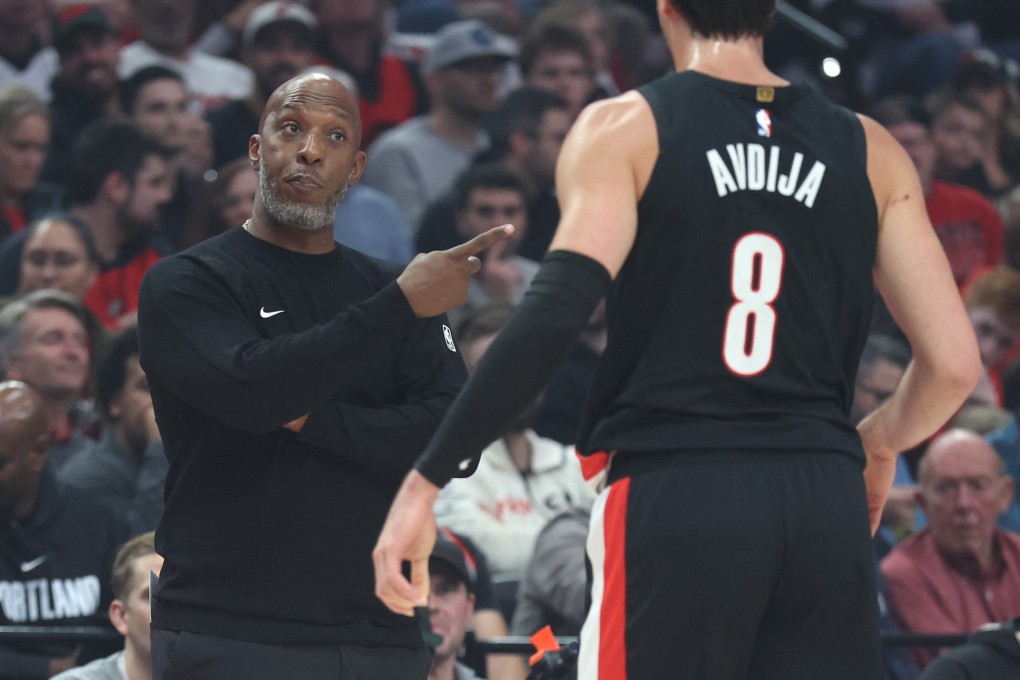 Portland Trail Blazers head coach Chauncey Billups talks with forward Deni Avdija during Wednesday’s game against the Minnesota Timberwolves. Photo: Reuters