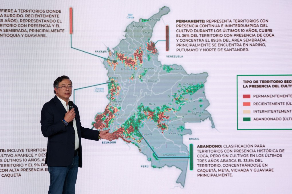 Colombian President Gustavo Petro displays an image showing areas with cocoa crop presence during a press conference amid an ongoing dispute with his US President Donald Trump over US strikes on boats in the Caribbean and tariffs, at Casa de Narino in Bogota, Colombia on Thursday. Photo: Reuters