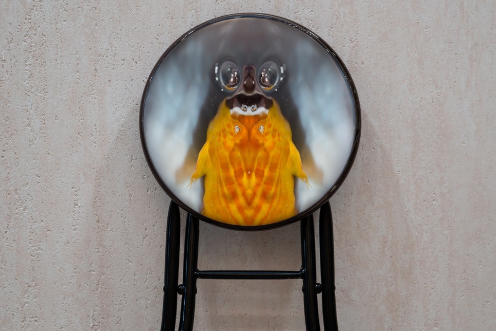 An artwork by David Leung features a pareidolic image of a fish on a folding stool. Photo: courtesy Side Space