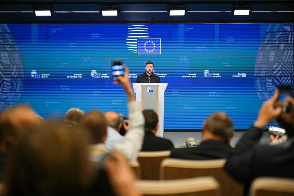 Ukraine’s President Volodymyr Zelensky speaks to press in Brussels. Photo: AFP