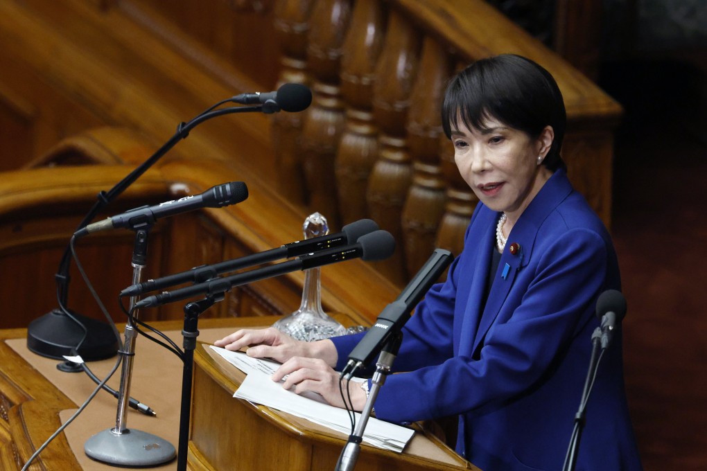 Japan’s Prime Minister Sanae Takaichi delivers a policy speech at parliament in Tokyo on Friday. Photo: EPA