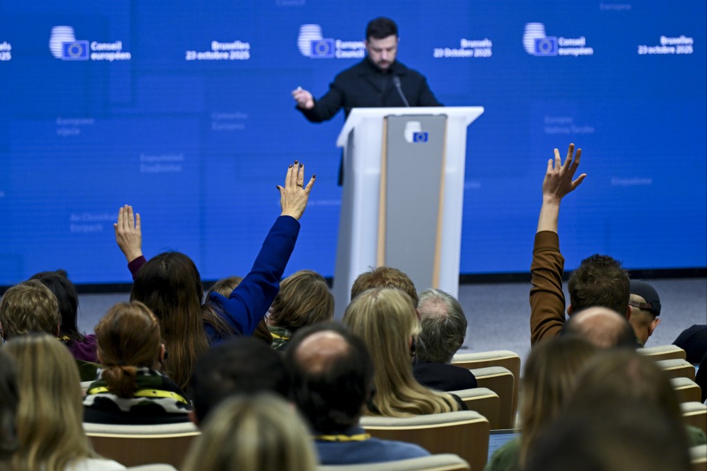 Ukrainian President Volodymyr Zelensky speaks during a press conference on the sidelines of the Euro Summit at the European Council building in Brussels, Belgium on Thursday. Photo: Frederic Sierakowski / EU Council / dpa