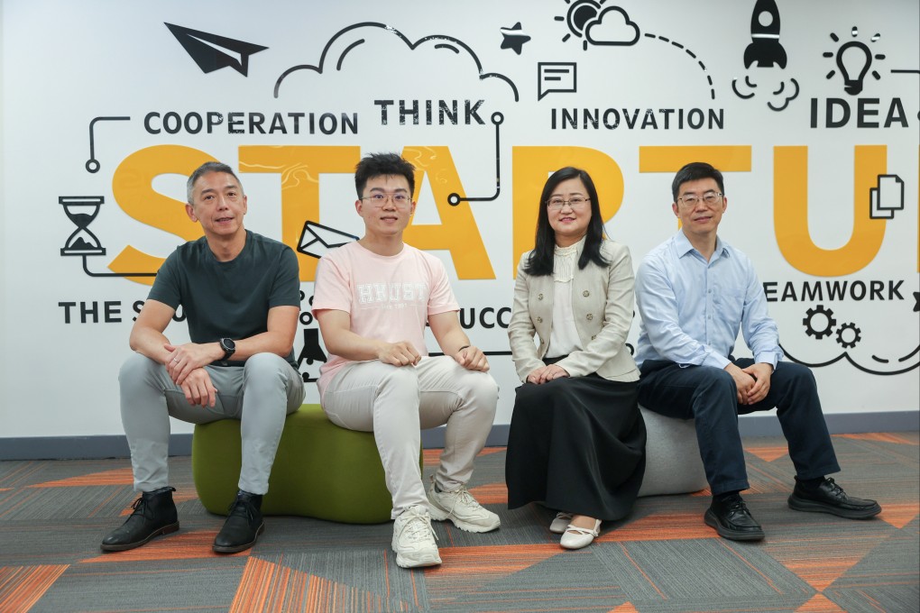 (From left) Stellerus Technology vice-chairman and CEO David Liu, chief technology officer Jeffrey Xu,  chairwoman and co-founder Su Hui and HKUST’s director of digital cities and smart hazard mitigation laboratory Limin Zhang. Photo: Edmond So