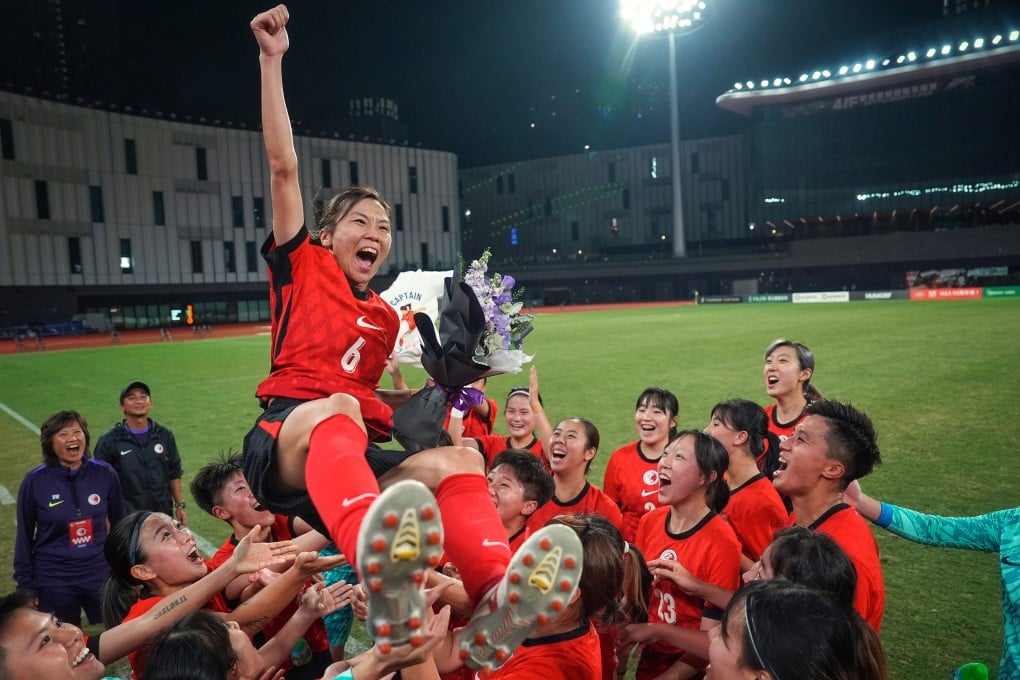 Chan Wing-sze is carried off the field by her teammates after the 42-year-old’s final international. Photo: Elson Li