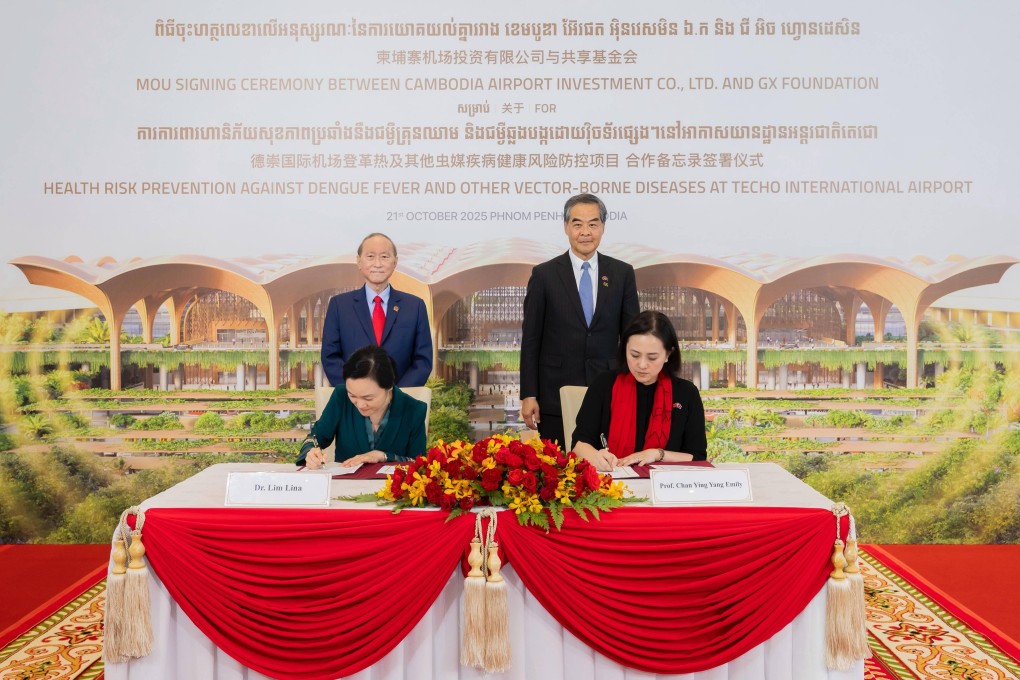 GX Foundation have signed memorandum of understandings with its business partners to launch a project on health risk prevention against dengue fever and other vector-borne diseases at Cambodia’s Techo International Airport and the Funan Techo Integrated Water Resources Management project. Photo: GX Foundation