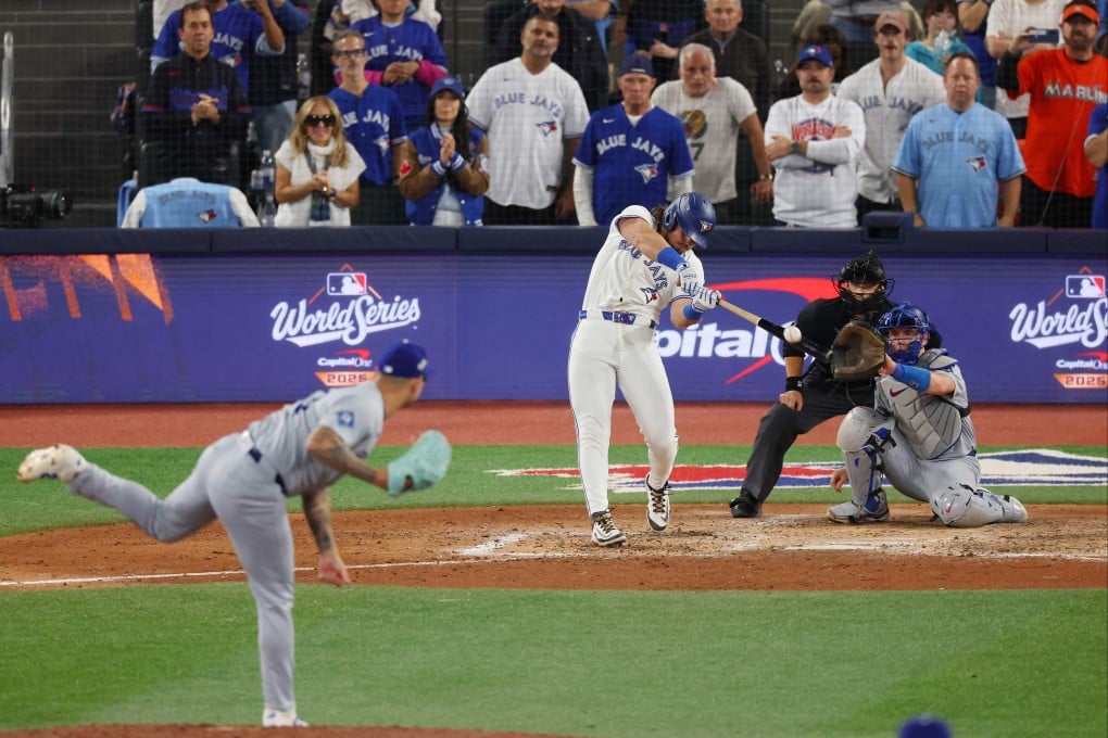 Addison Barger hits the grand slam that powered the Toronto Blue Jays to a first win in a World Series for 32 years. Photo: Getty Images