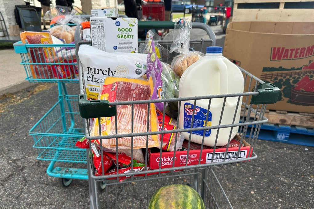 Food items in a shopping cart at a distribution event held in Pontiac, Michigan on Friday. Photo: AP