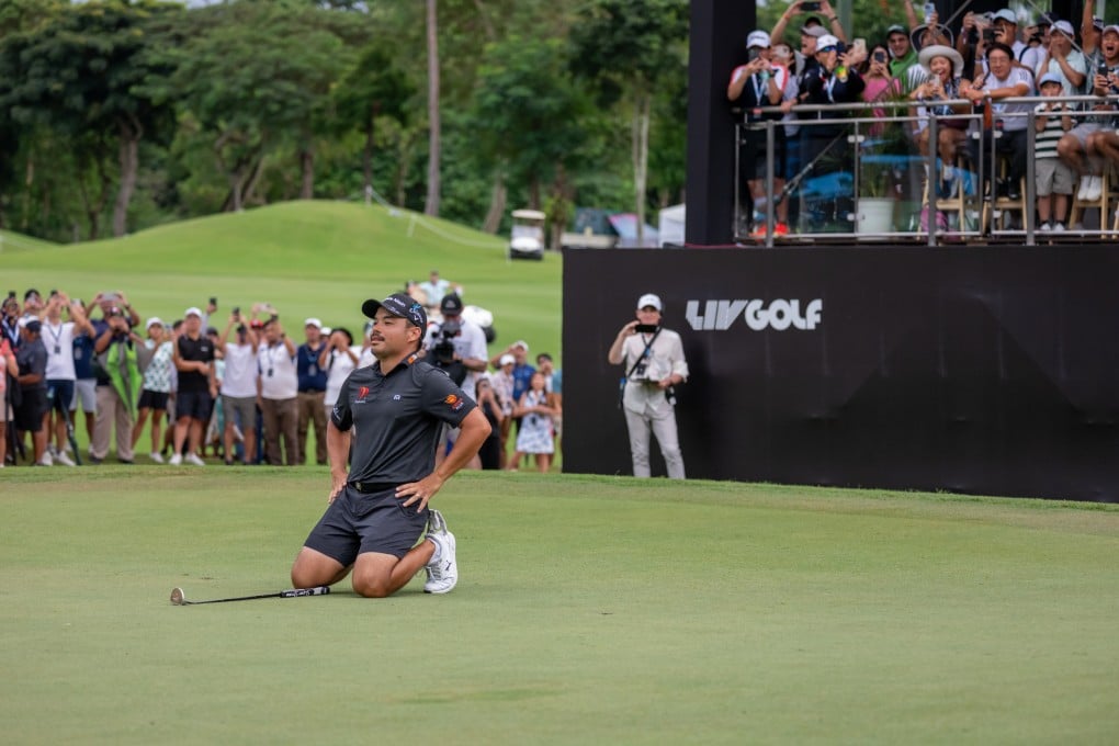 Miguel Tabuena sinks to his knees after winning the International Series Philippines at Sta Elena Golf Club. Photo: Asian Tour.