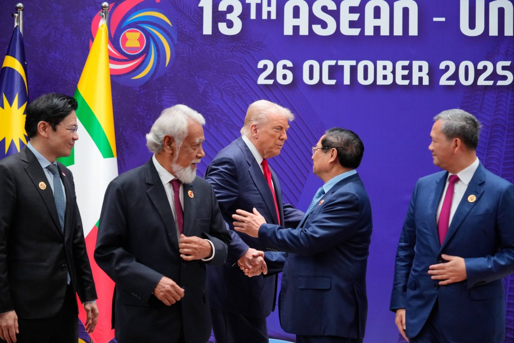 President Donald Trump shakes hands with Vietnam’s Prime Minister Pham Minh Chinh, as East Timor’s Prime Minister Kay Rala Xanana (second left) Gusmao, Singapore’s Prime Minister Lawrence Wong and Cambodia’s Prime Minister Hun Manet look on (right), at the ASEAN US Summit in Kuala Lumpur, Malaysia, on Sunday. Photo: AP