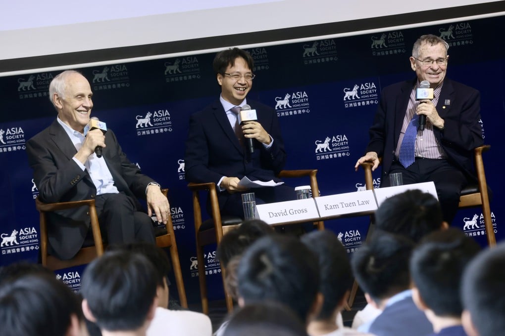(From left) Nobel laureate David Gross, HKUST Chair Professor of Physics Law Kam-tuen, and Nobel laureate Arieh Warshel spoke on the topic of fundamental science and the age of AI. Photo: Jonathan Wong