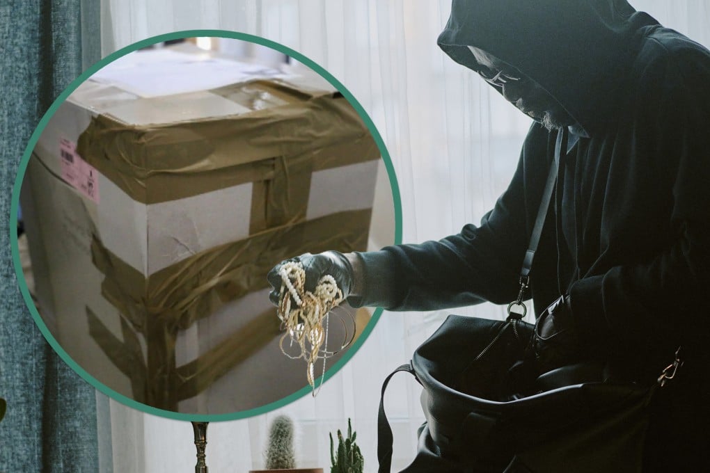 A Chinese man hid in a wooden box and hired a delivery worker to bring him into a residential block before breaking into a woman’s home and stealing gold and cash. Photo: SCMP composite/Shutterstock/QQ.com