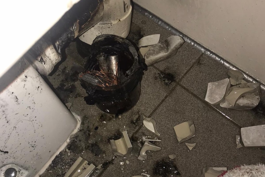 A home-made bomb exploded at a hospital in Hong Kong. Three Hongkongers have been jailed for up to 18 years for their roles in a conspiracy to carry out bomb attacks during the 2019 anti-government protests. Photo: SCMP